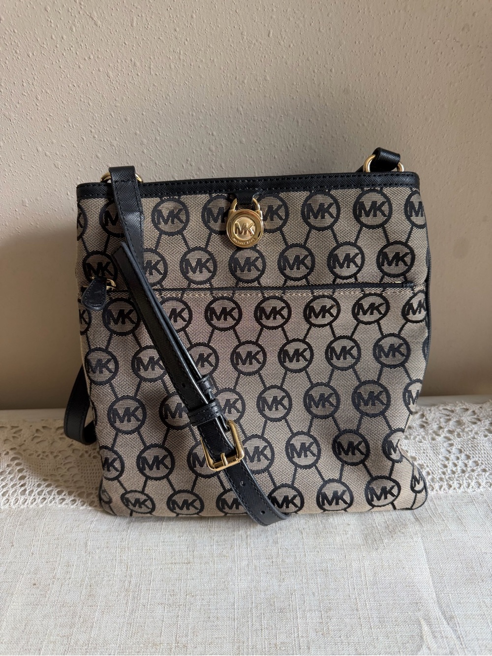 Michael Kors Beige and Black MK Signature Crossbody